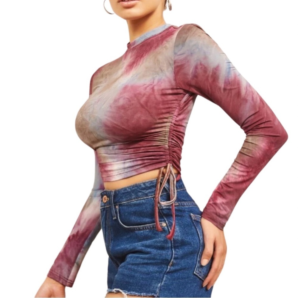 SHEIN Multicolor Tie-Dye Drawstring Knot Side Crop Top, Size 2 - Picture 2 of 8